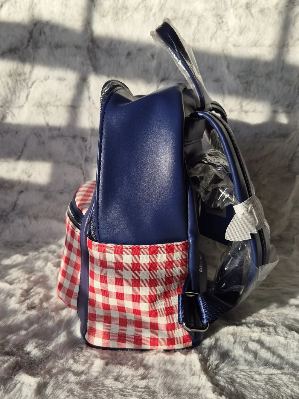 Danielle Nicole Navy Blue Backpack with Red Gingham Pocket